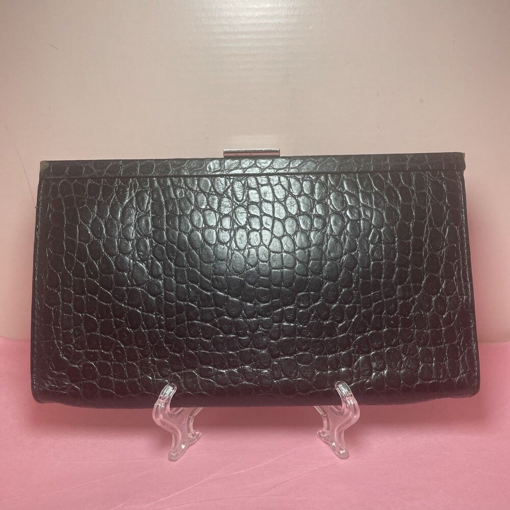 Banana Republic Genuine Embossed Leather Womens Wallet Clutch Party Black See